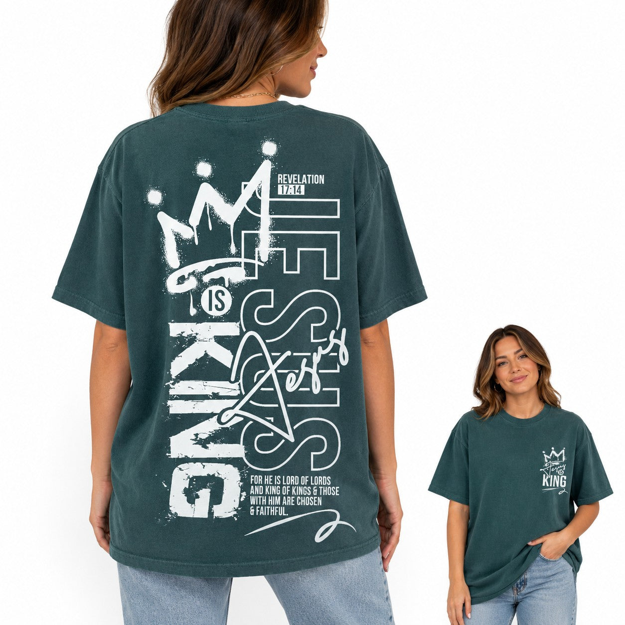 Tea-Shirt Shoppe dark green unisex graphic tee with Jesus Is King crown print on back and small logo on front