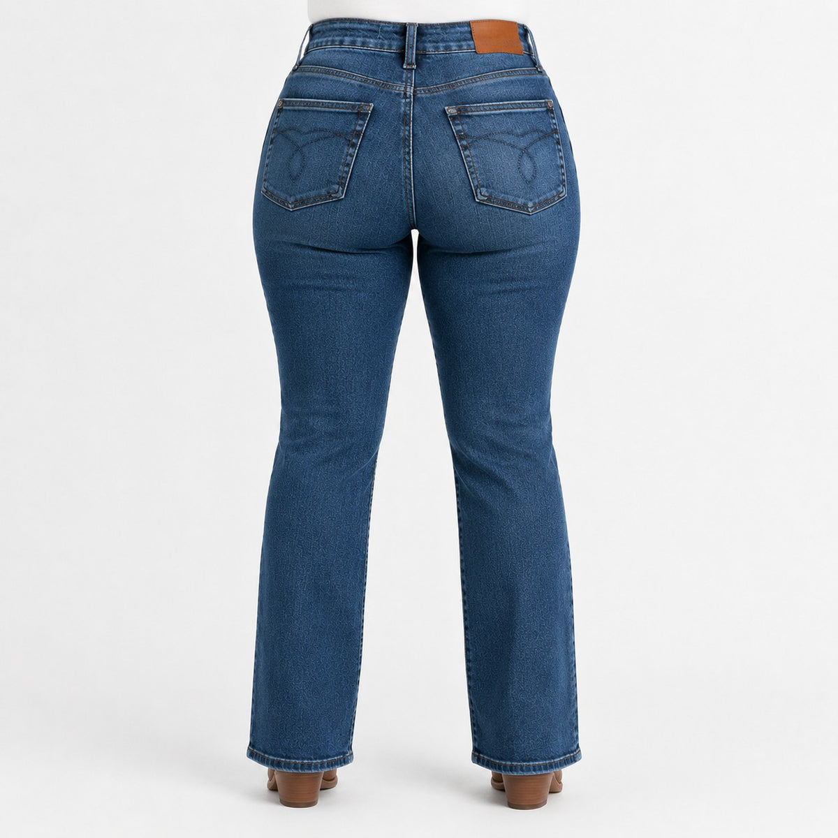 Back view of Tea-Shirt Shoppe Judy Blue dark wash high-waist bootcut jeans with tummy control and back pockets.