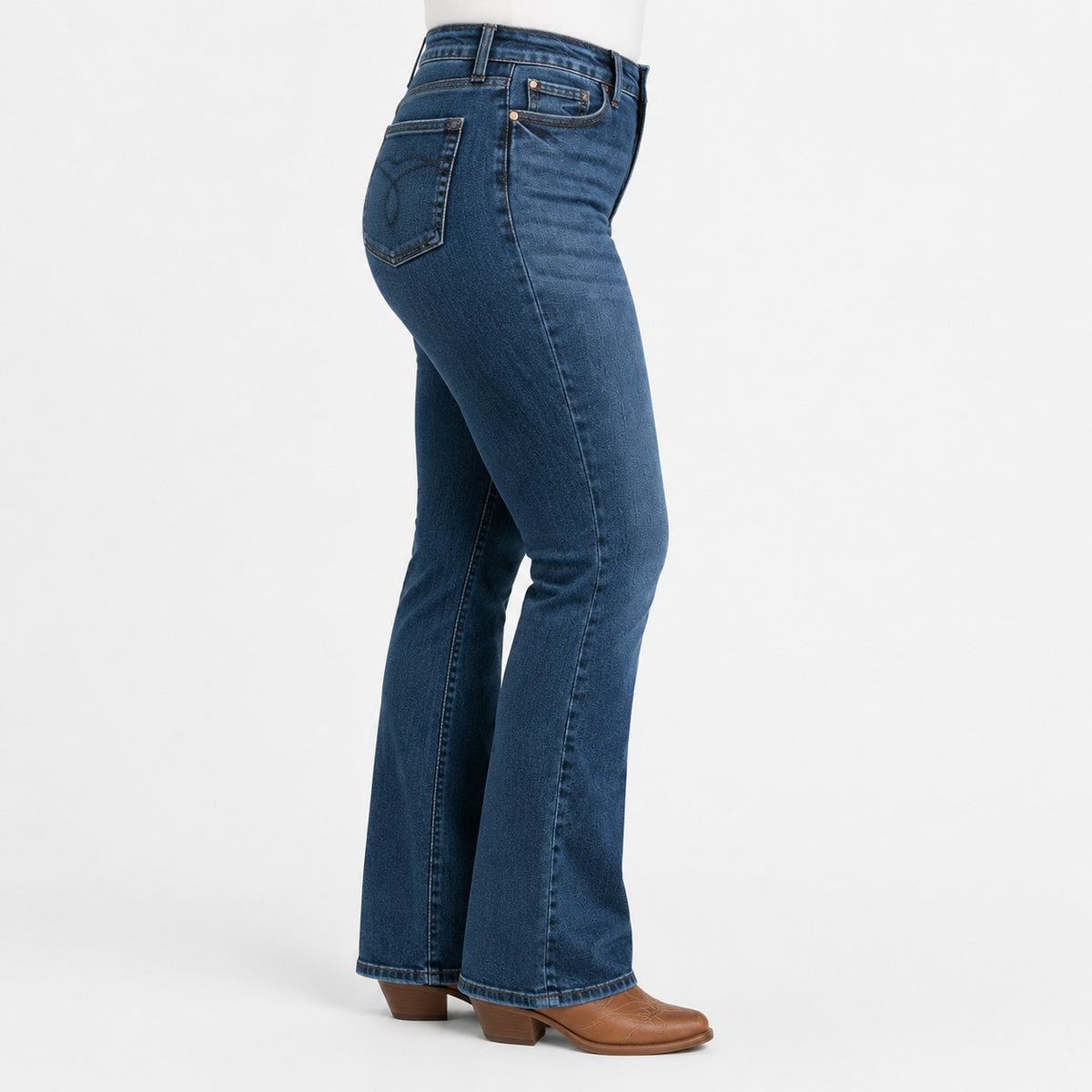 Tea-Shirt Shoppe Judy Blue Camille high-waist dark wash bootcut jeans with tummy control, side view.