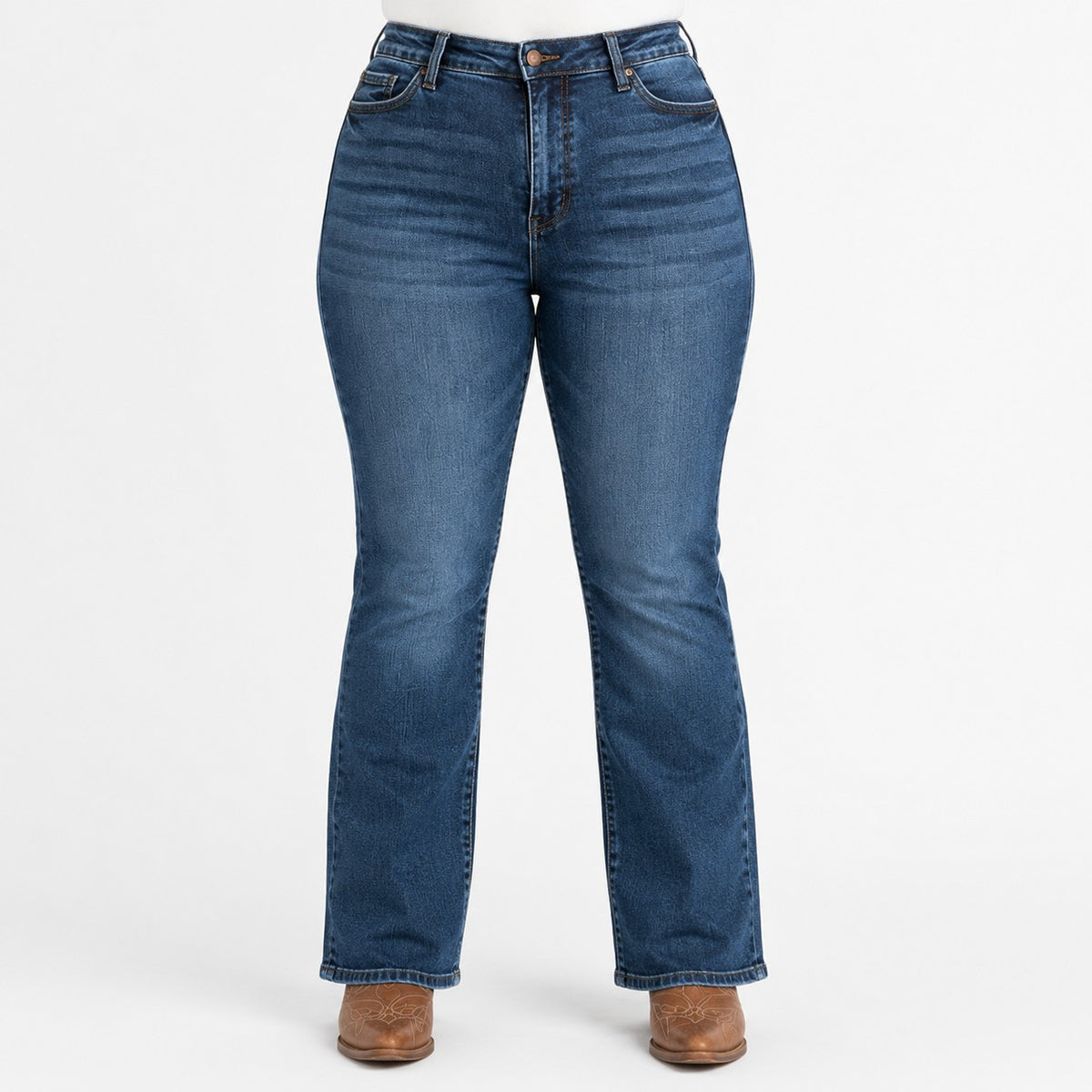 Tea-Shirt Shoppe Judy Blue dark wash high-waist bootcut jeans with tummy control and zip fly closure.