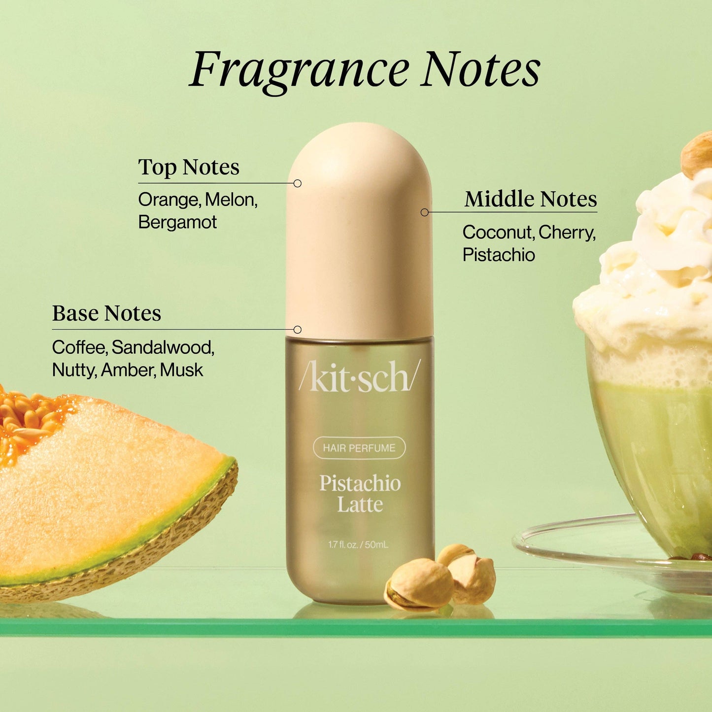 Tea-Shirt Shoppe KITSCH Pistachio Latte hair and body perfume mist bottle with fragrance notes on a green background.