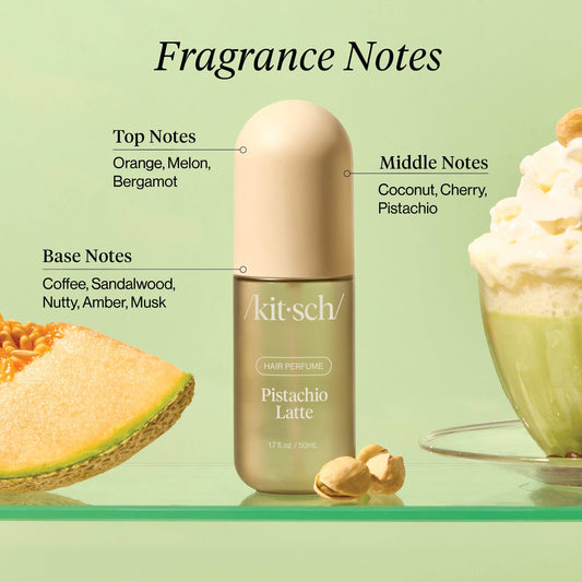 Tea-Shirt Shoppe KITSCH Pistachio Latte hair and body perfume mist bottle with fragrance notes on a green background.
