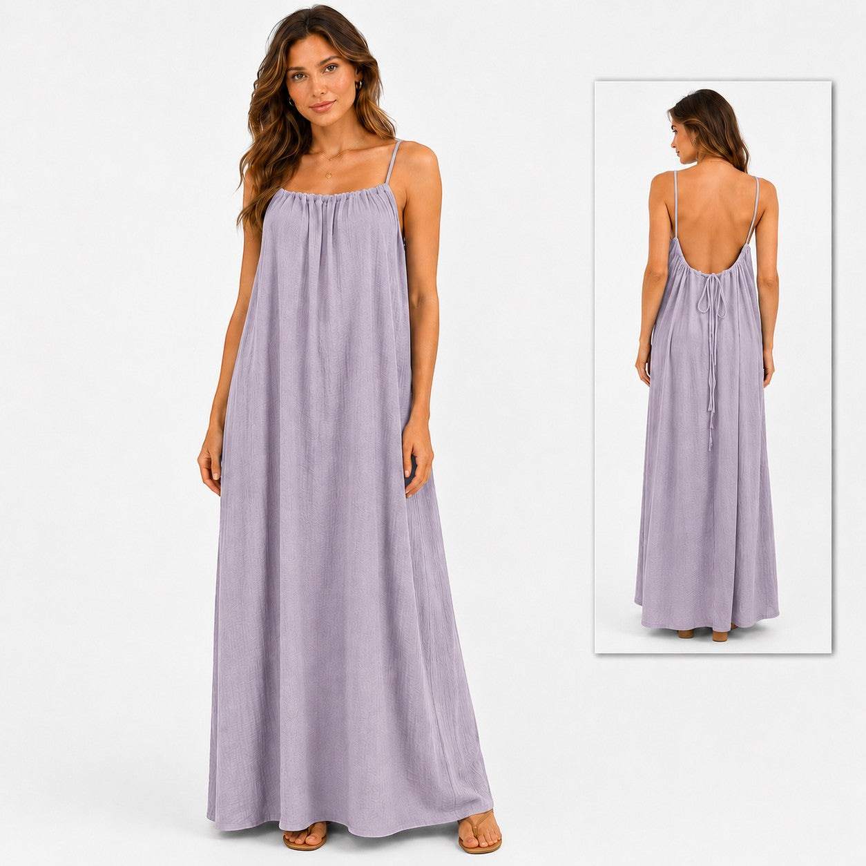 Model wearing a Tea-Shirt Shoppe lavender spaghetti strap maxi dress with a flowy, backless design and tie closure.