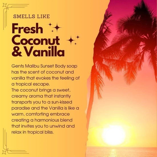 Tea-Shirt Shoppe GENTS Malibu Sunset body soap with coconut and vanilla scent, featuring a tropical sunset design.