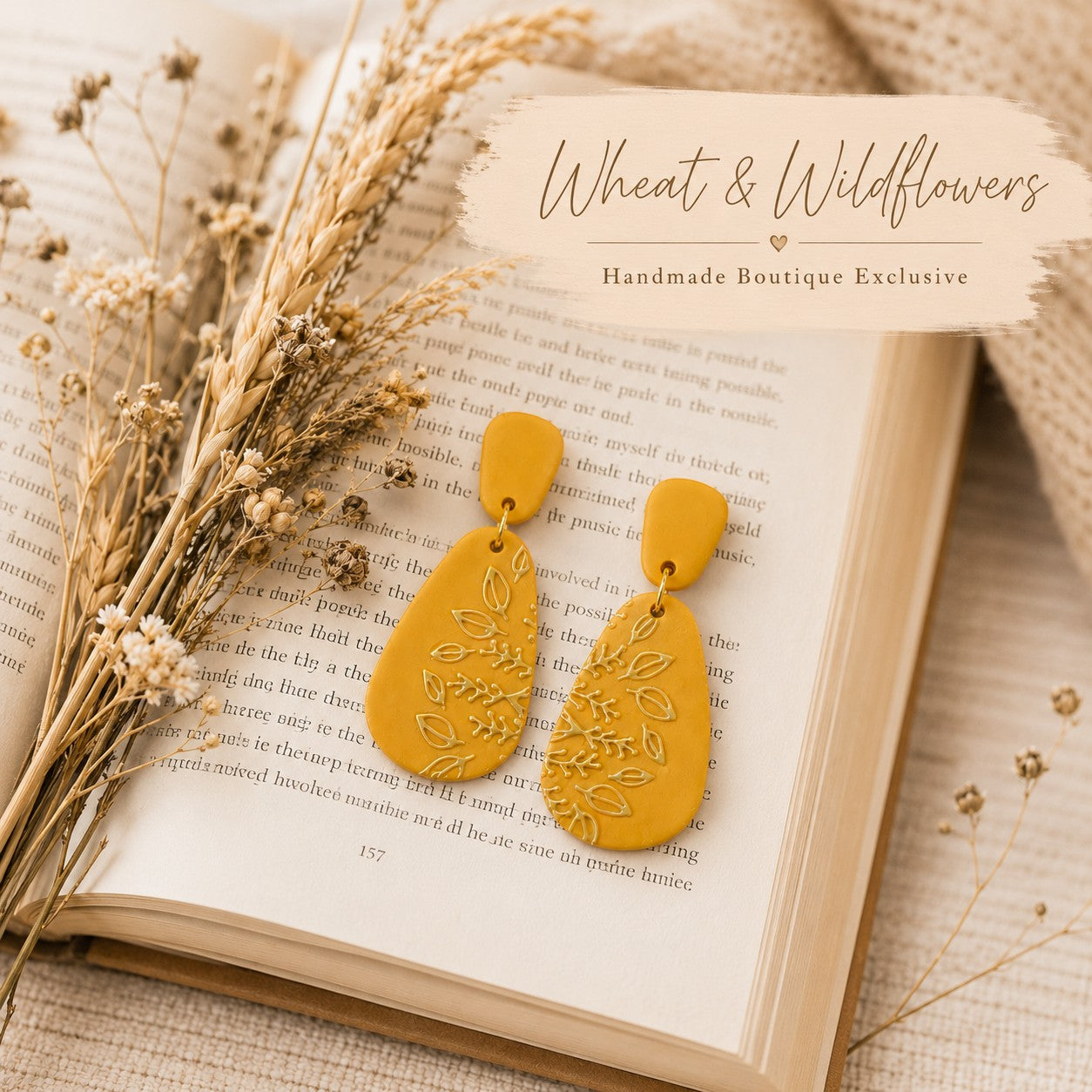 Tea-Shirt Shoppe mustard yellow teardrop dangle earrings with embossed botanical leaf patterns on an open book.