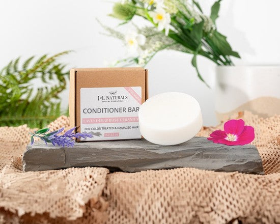 Tea-Shirt Shoppe natural conditioner bar for color-treated hair with lavender and rose geranium in eco-friendly box.