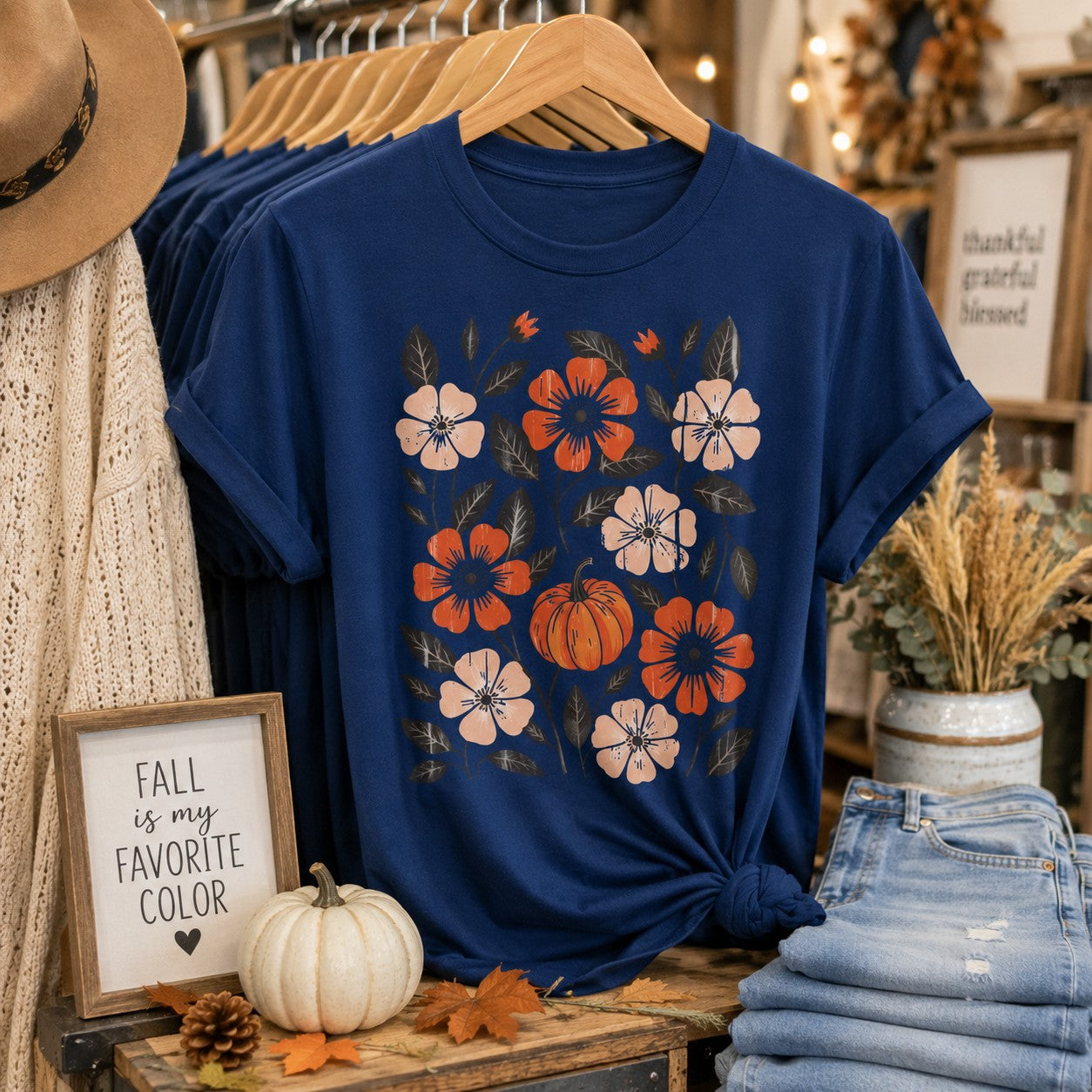 Tea-Shirt Shoppe navy blue graphic tee featuring a floral and pumpkin print, styled with a side knot.
