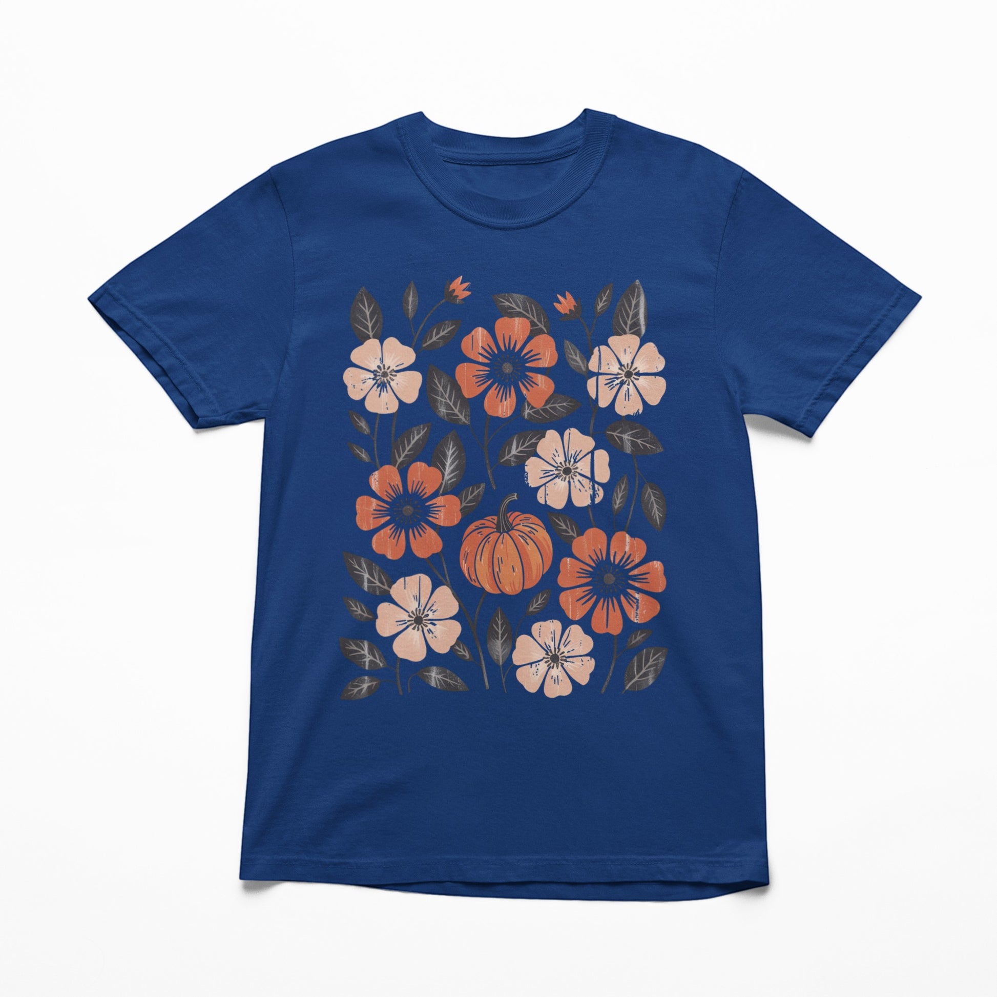 Tea-Shirt Shoppe adult graphic tee in navy blue featuring a floral and pumpkin autumn print in orange and cream.