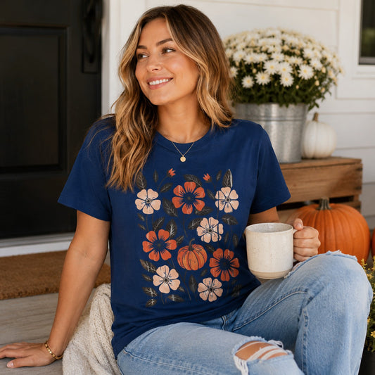 Tea-Shirt Shoppe navy blue graphic tee featuring a floral and pumpkin autumn print, worn by a smiling woman.