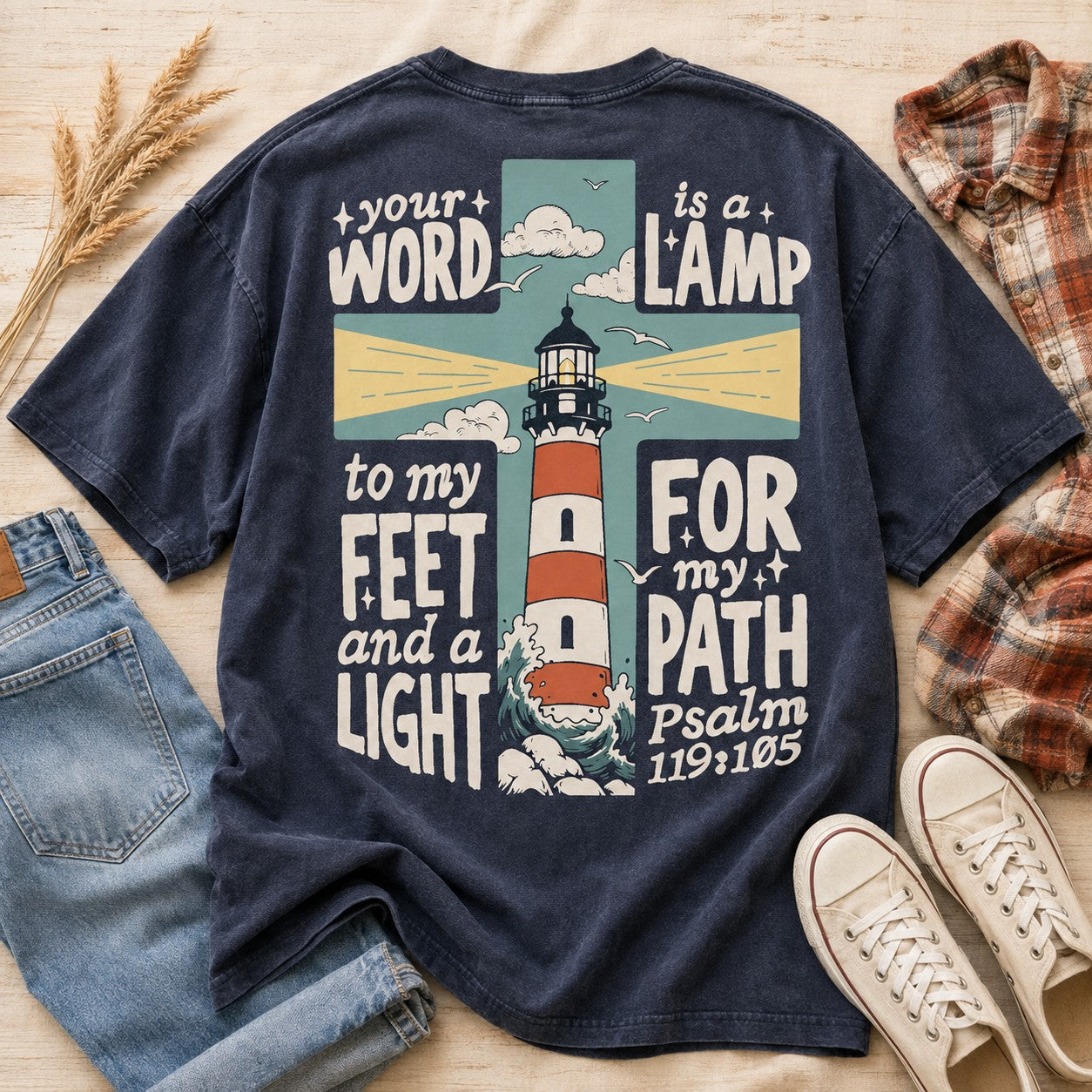 Tea-Shirt Shoppe navy graphic tee featuring a vintage lighthouse cross design with Psalm 119:105 scripture on the back