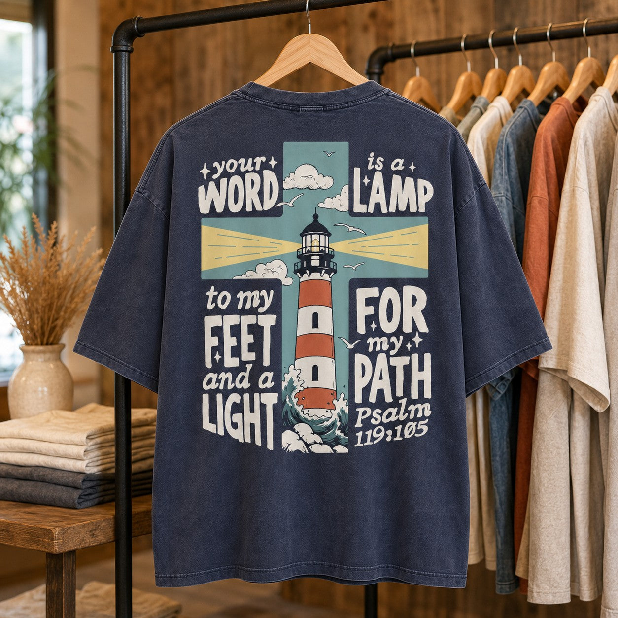 Tea-Shirt Shoppe navy graphic tee featuring a lighthouse cross design with Psalm 119:105 scripture on the back