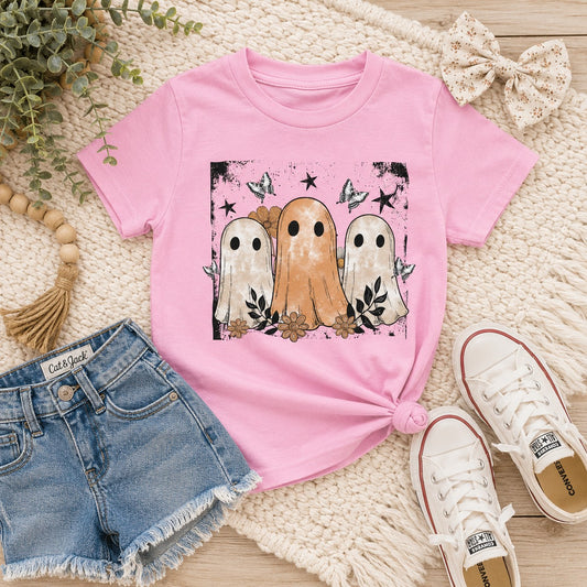 Tea-Shirt Shoppe pink youth graphic tee featuring three vintage-style ghosts, butterflies, and flowers.