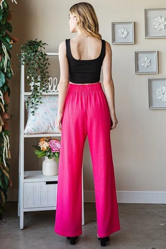 Tea-Shirt Shoppe hot pink polyester spandex wide-leg pants with paperbag waist and tie detail