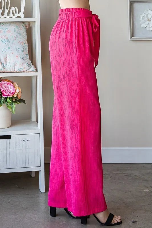 Tea-Shirt Shoppe pink polyester blend wide-leg pants with paperbag waist and self-tie detail