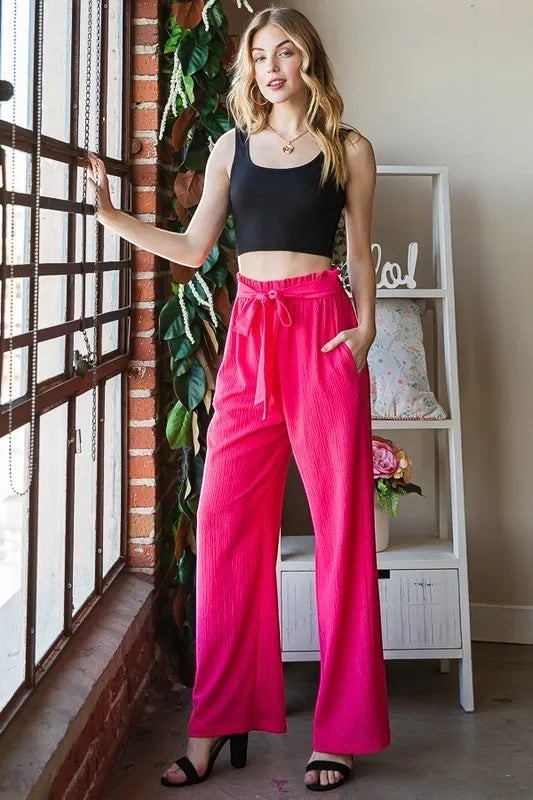 Tea-Shirt Shoppe bright pink polyester-blend wide-leg pants with paperbag waist and self-tie detail