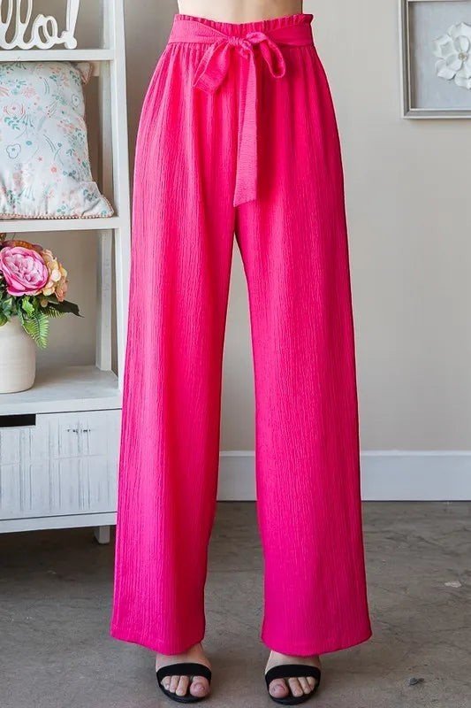 Tea-Shirt Shoppe bright pink polyester-spandex wide-leg pants with paperbag waist and tie detail