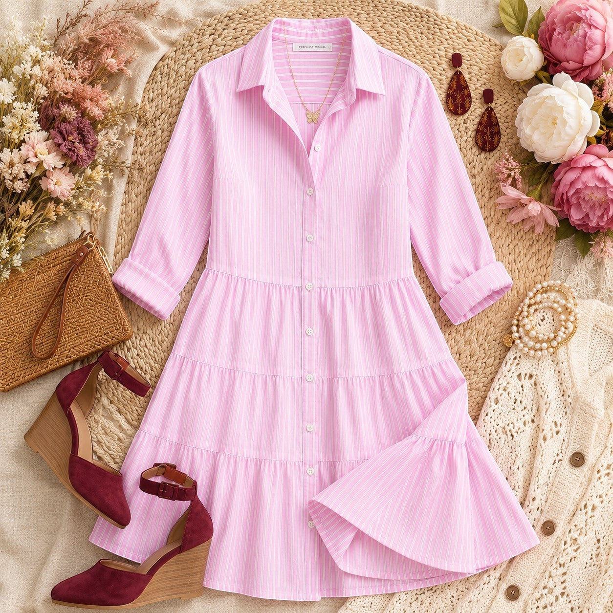 Tea-Shirt Shoppe pink and white striped tiered button-down shirt dress with three-quarter sleeves on a woven mat.