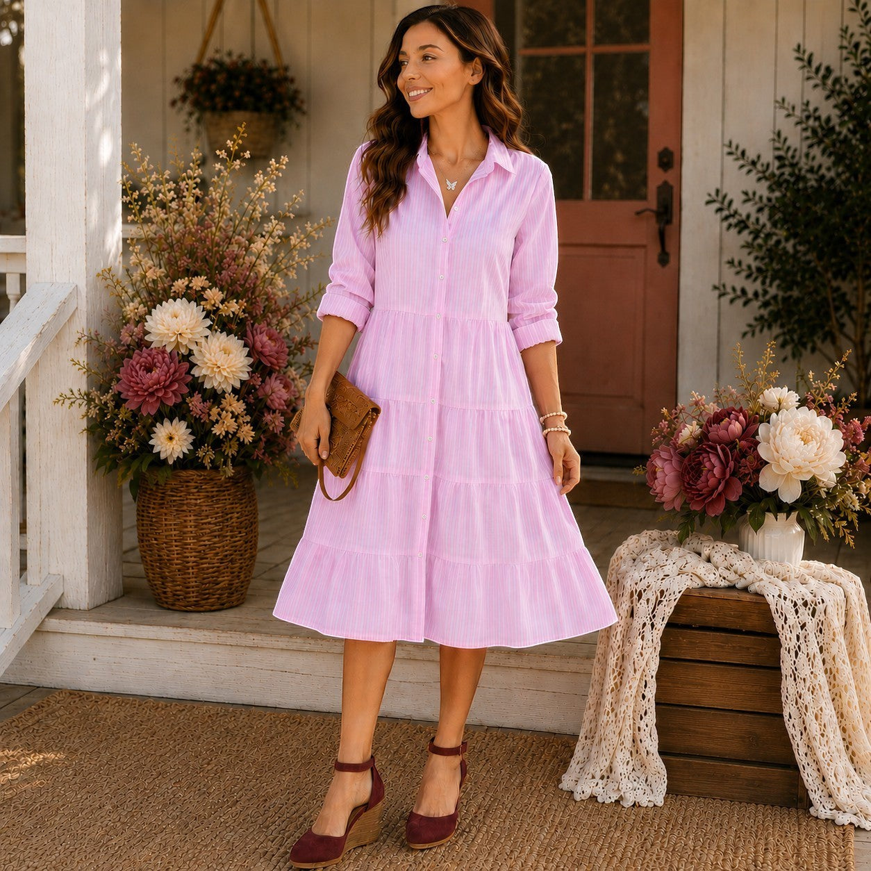 Tea-Shirt Shoppe pink and white striped tiered button-down shirt dress worn by a woman on a porch with flowers.