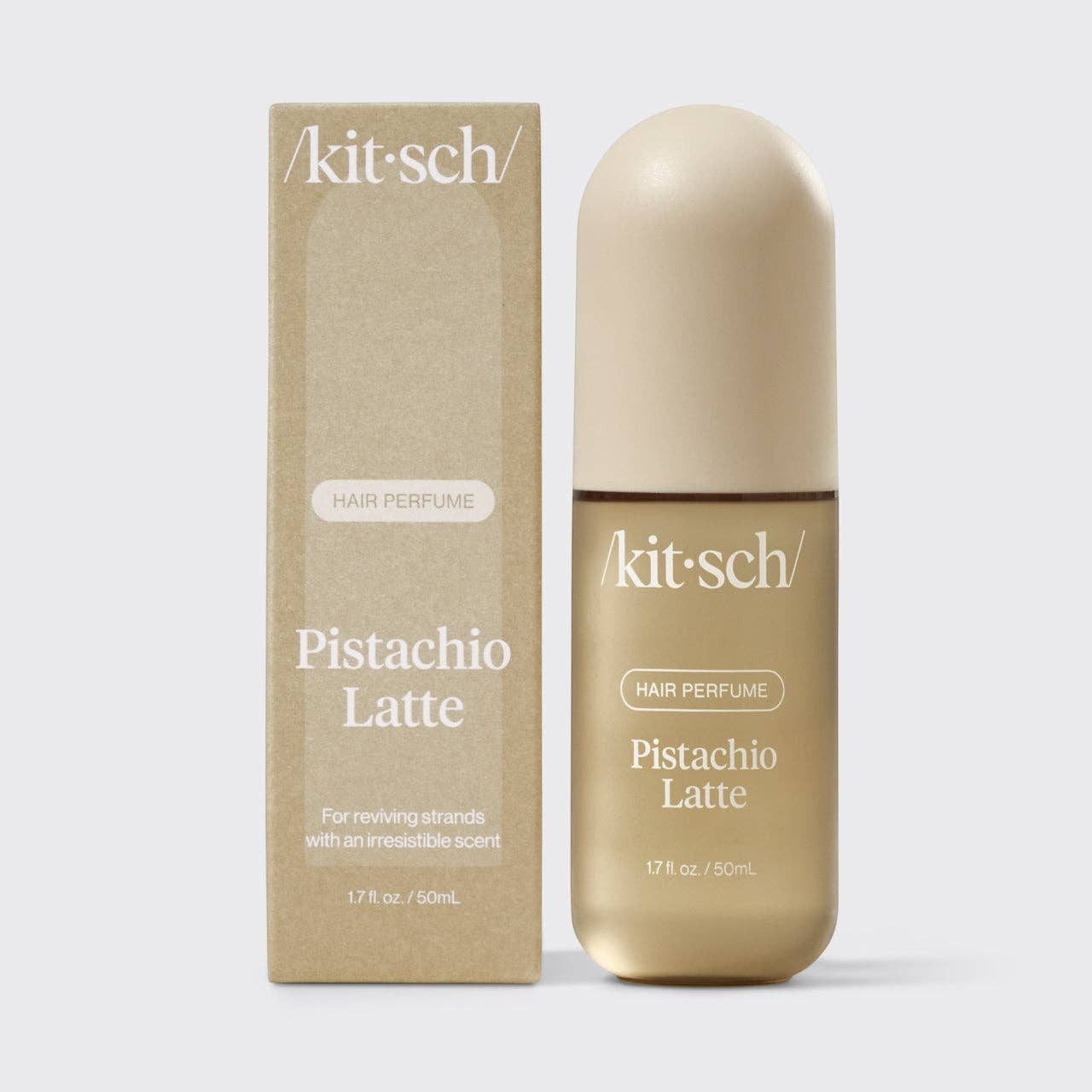 Tea-Shirt Shoppe KITSCH Pistachio Latte hair and body perfume mist in a beige bottle with matching recycled paper box.