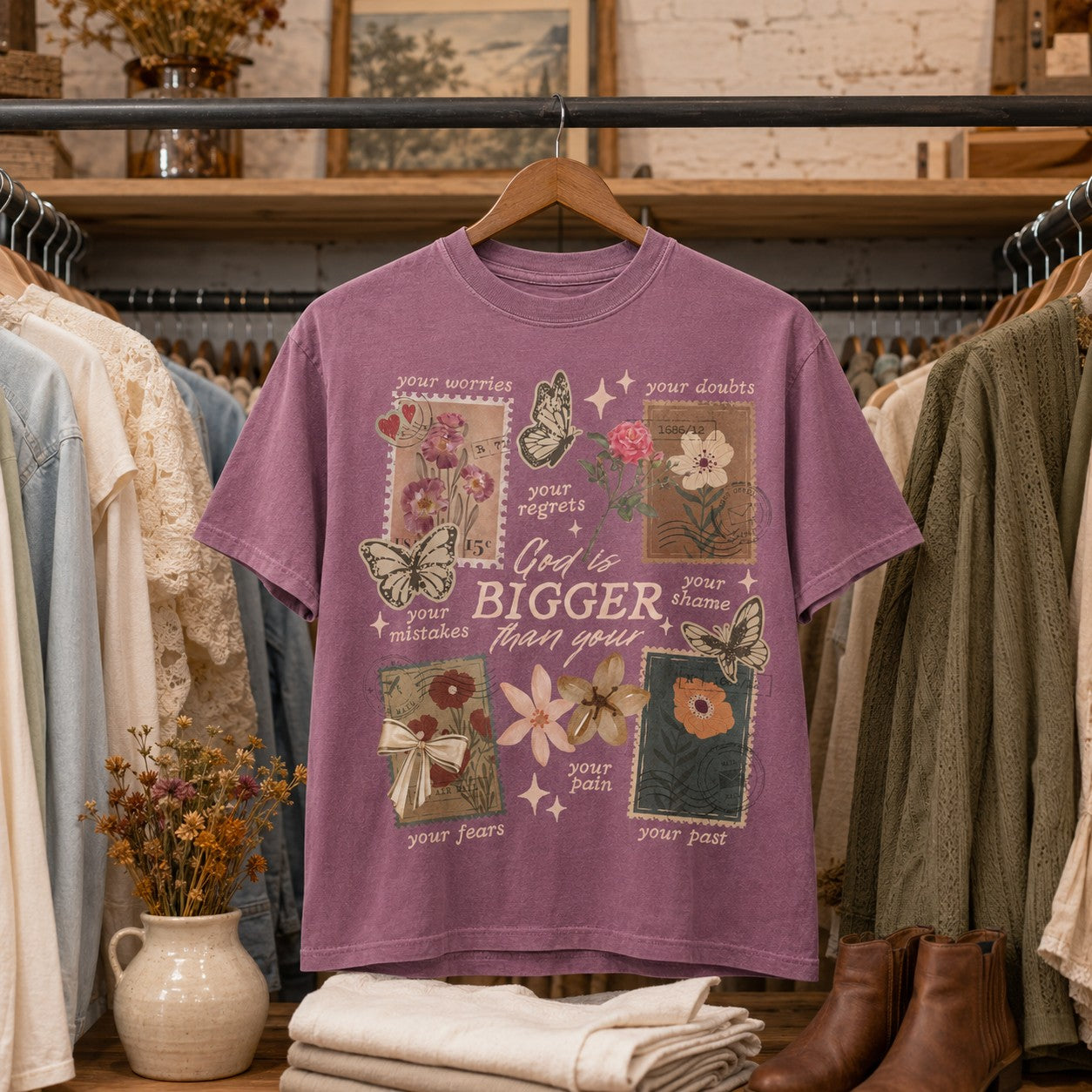 Tea-Shirt Shoppe vintage-style purple cotton graphic tee with floral, butterfly, and inspirational text print.