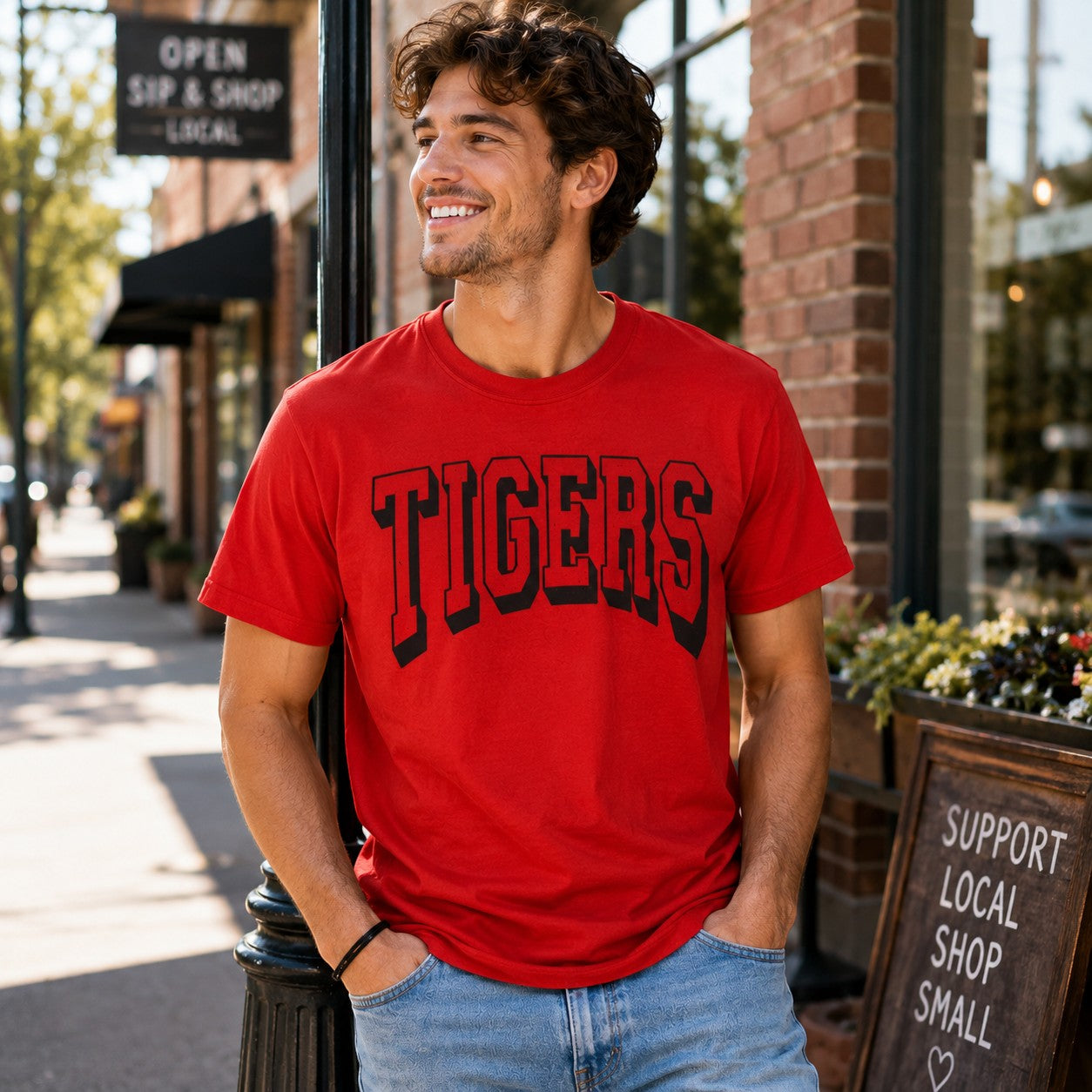 Man wearing a red Tea-Shirt Shoppe Team Spirit graphic tee with Tigers lettering, standing on a city sidewalk.