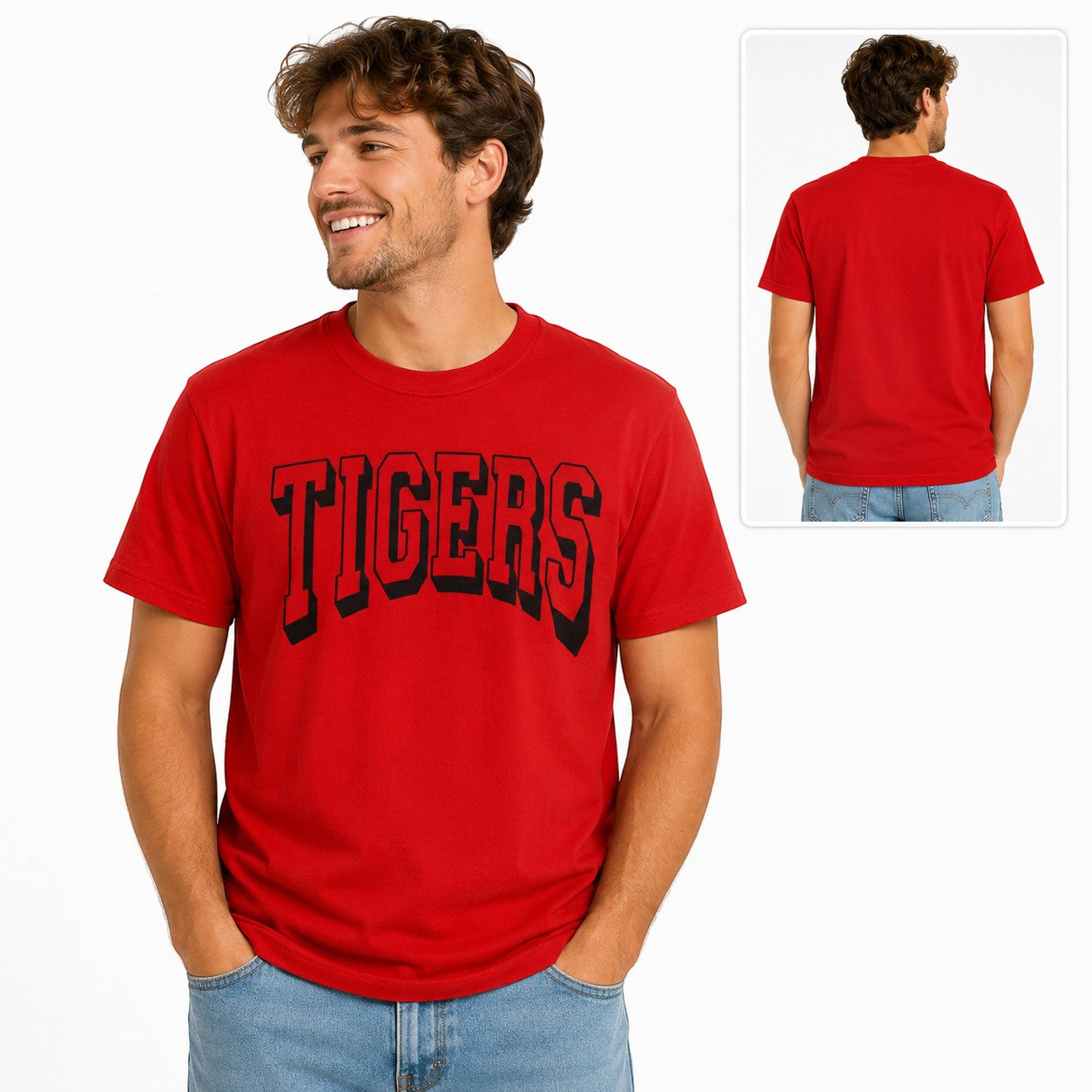Tea-Shirt Shoppe red Gildan 3000 cotton graphic tee with Tigers text worn by a smiling man, front and back view.