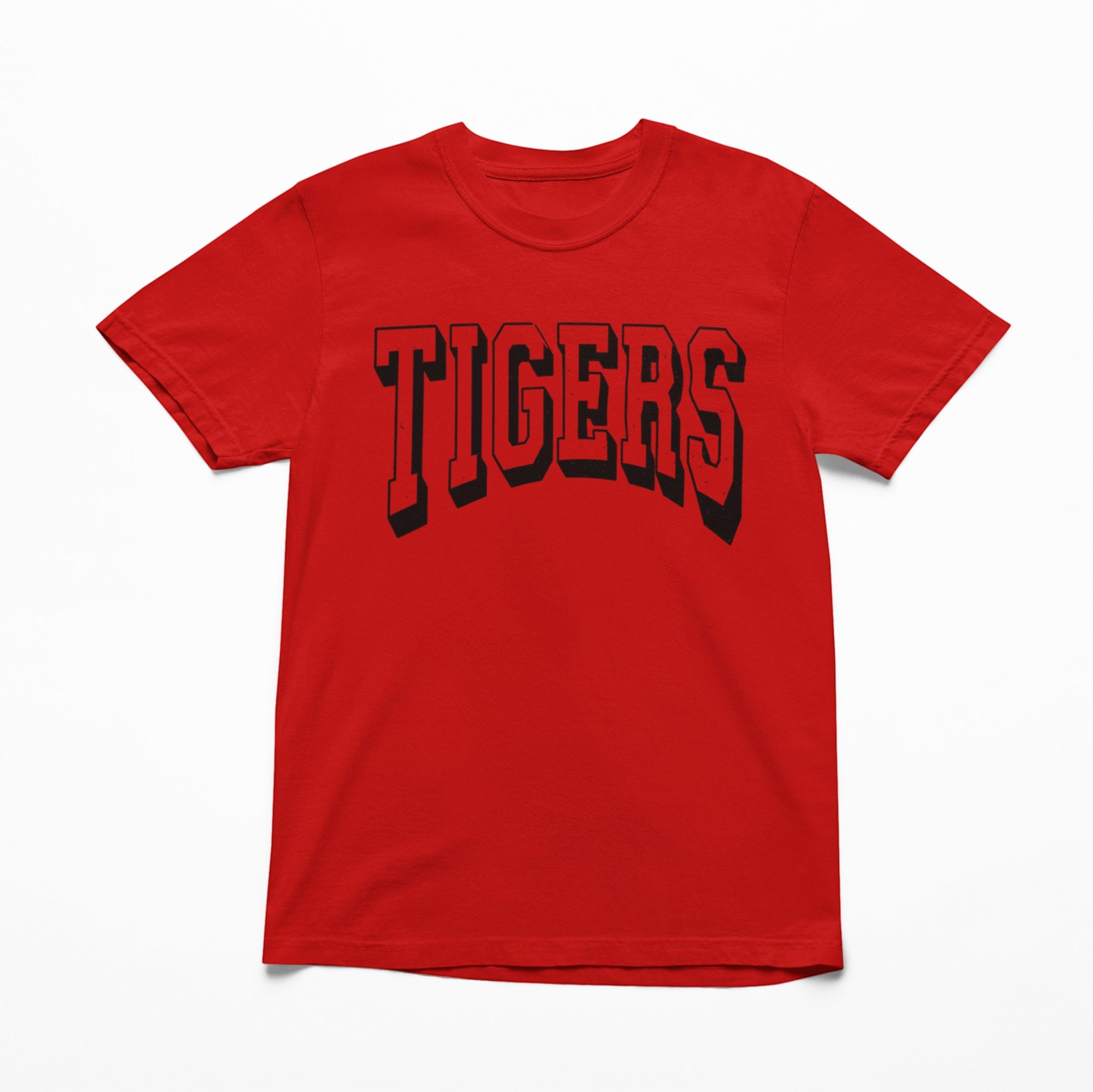 Tea-Shirt Shoppe red Gildan 3000 adult graphic t-shirt featuring black arched TIGERS text