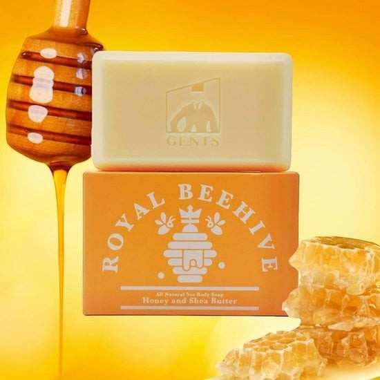 Tea-Shirt Shoppe GENTS Royal Beehive all natural body soap with honey and shea butter, featuring honeycomb accents.