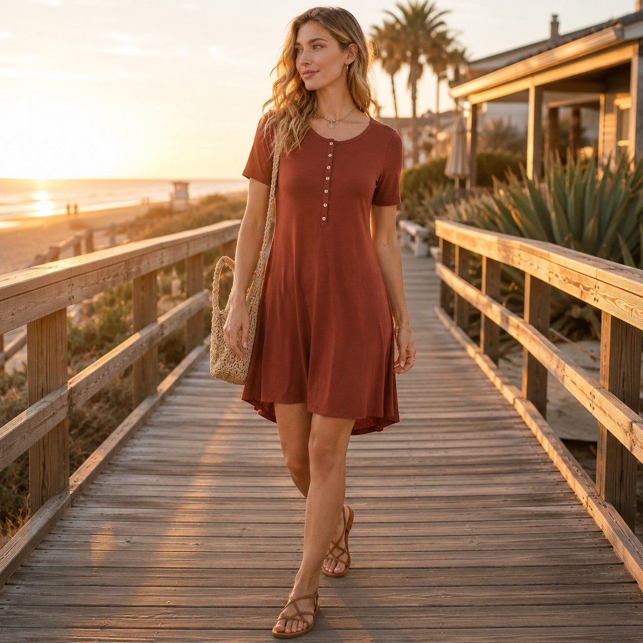 Woman wearing a Tea-Shirt Shoppe rust short sleeve button-front dress on a beach boardwalk at sunset.