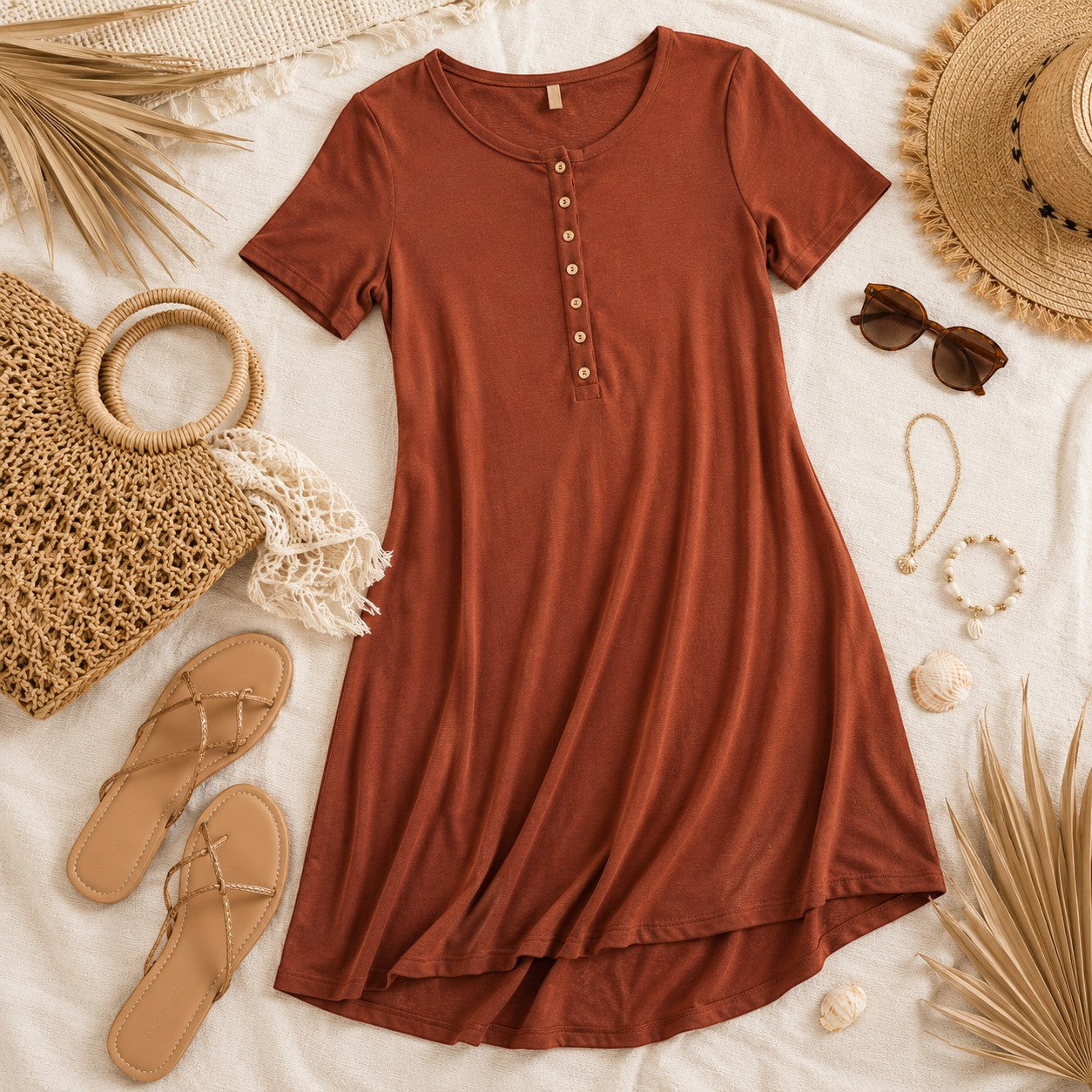 Tea-Shirt Shoppe rust short sleeve button-front dress with a relaxed fit and high-low hem on a beach-themed flat lay.