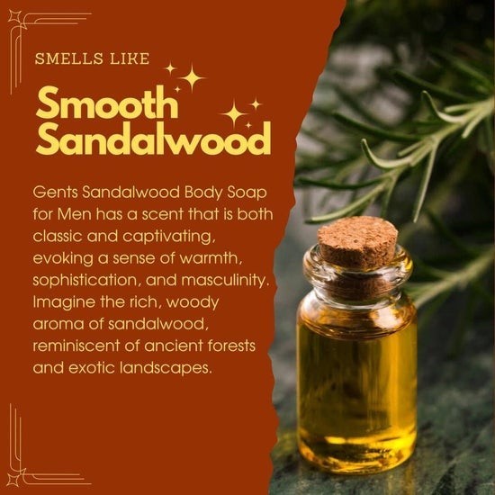 Tea-Shirt Shoppe GENTS Sandalwood body soap promotional graphic featuring essential oil bottle and woody scent notes.