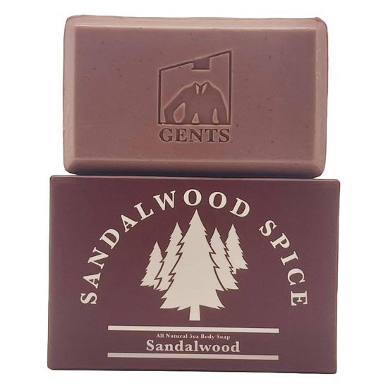 Tea-Shirt Shoppe GENTS Sandalwood Spice all-natural 5 oz body soap bar with embossed logo and pine tree packaging.