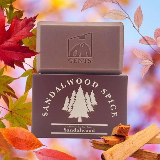 Tea-Shirt Shoppe GENTS Sandalwood Spice all-natural 5 oz body soap bar with shea butter against autumn leaves.