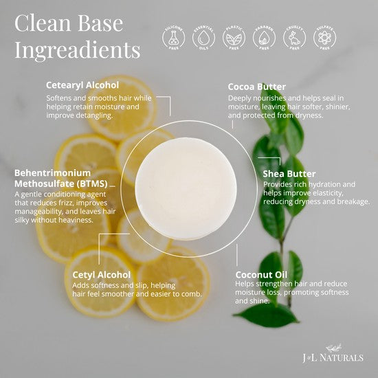 Tea-Shirt Shoppe natural shampoo bar ingredient infographic showing cocoa butter, shea butter, and coconut oil benefits.