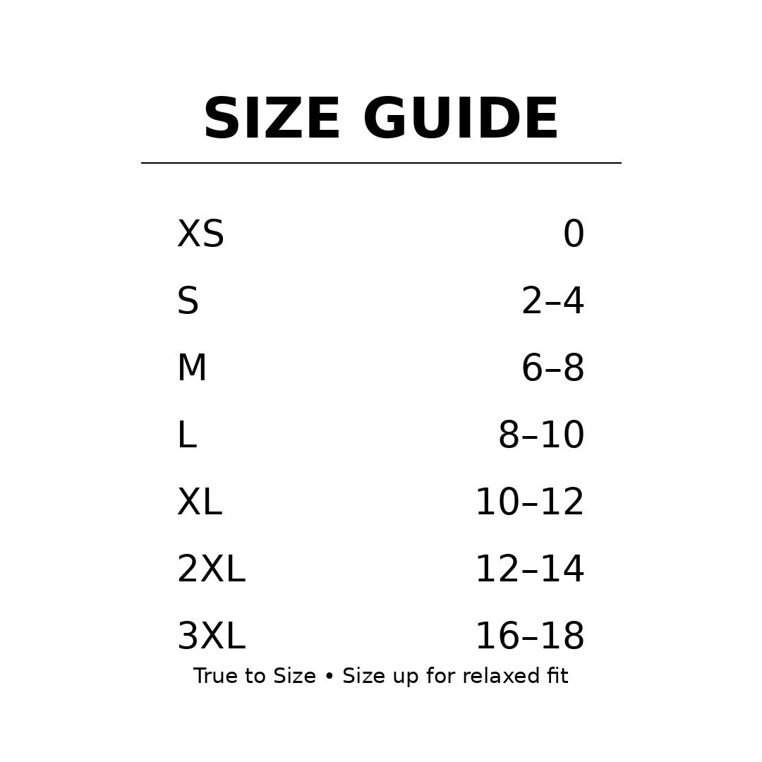 Tea-Shirt Shoppe Size Guide chart showing XS to 3XL sizes with corresponding numerical sizes.