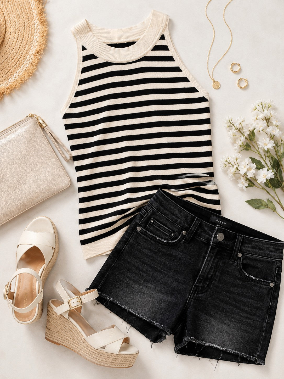 Tea-Shirt Shoppe striped halter tank paired with black denim shorts, wedge sandals, and a clutch on a flat lay.