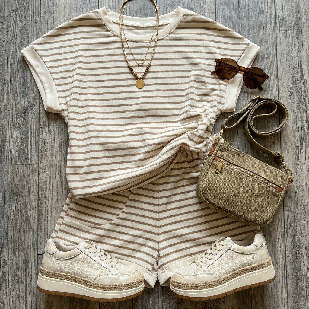 Tea-Shirt Shoppe striped short sleeve top and shorts lounge set in beige and brown. Includes necklace, sunglasses, and crossbody bag.