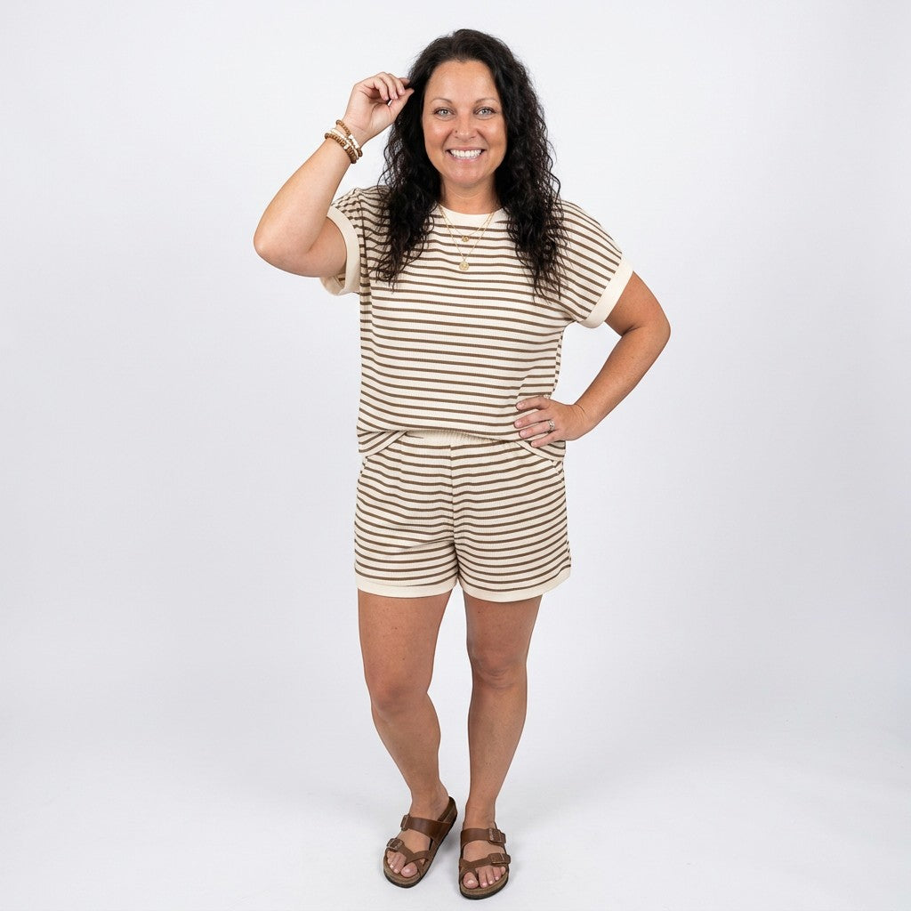Tea-Shirt Shoppe women's beige and brown striped short sleeve top and shorts lounge set made of ribbed knit fabric.