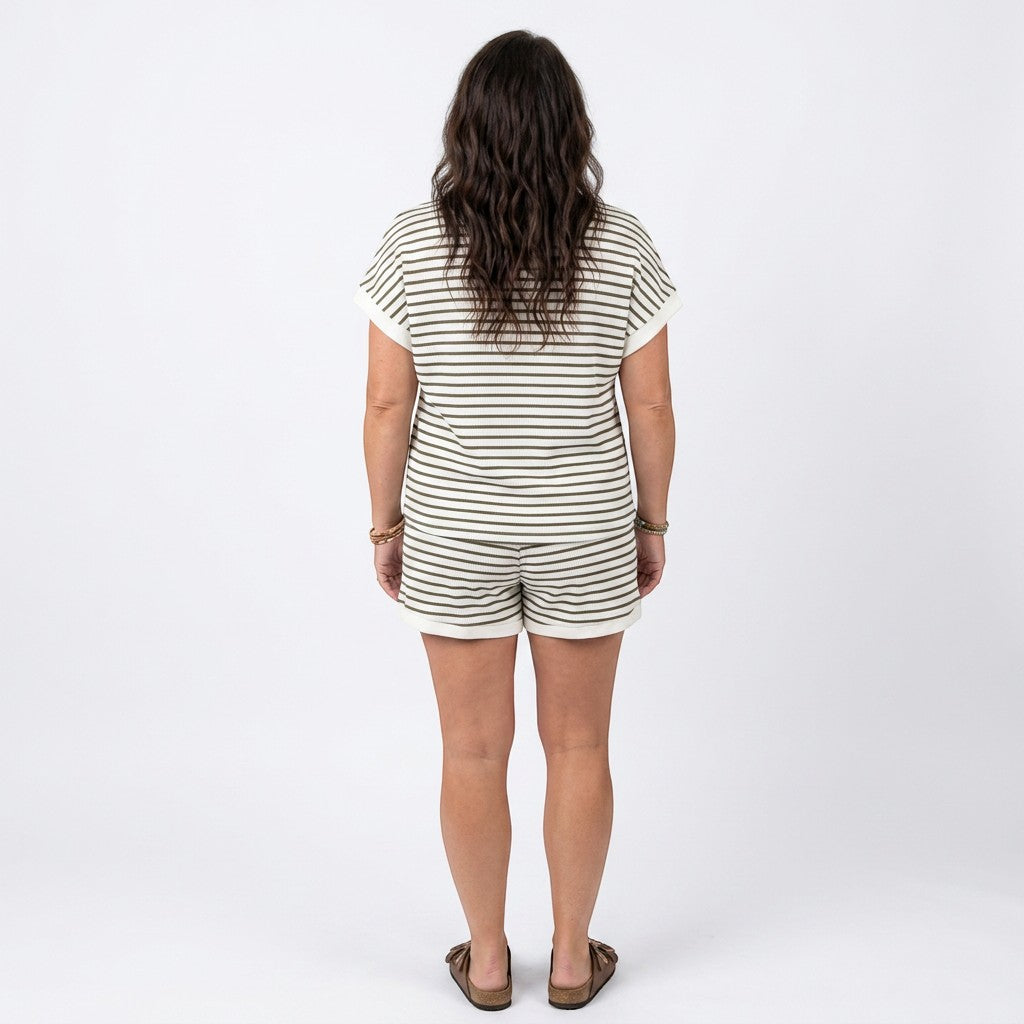Tea-Shirt Shoppe women's striped short sleeve top and shorts lounge set in cream and olive green.