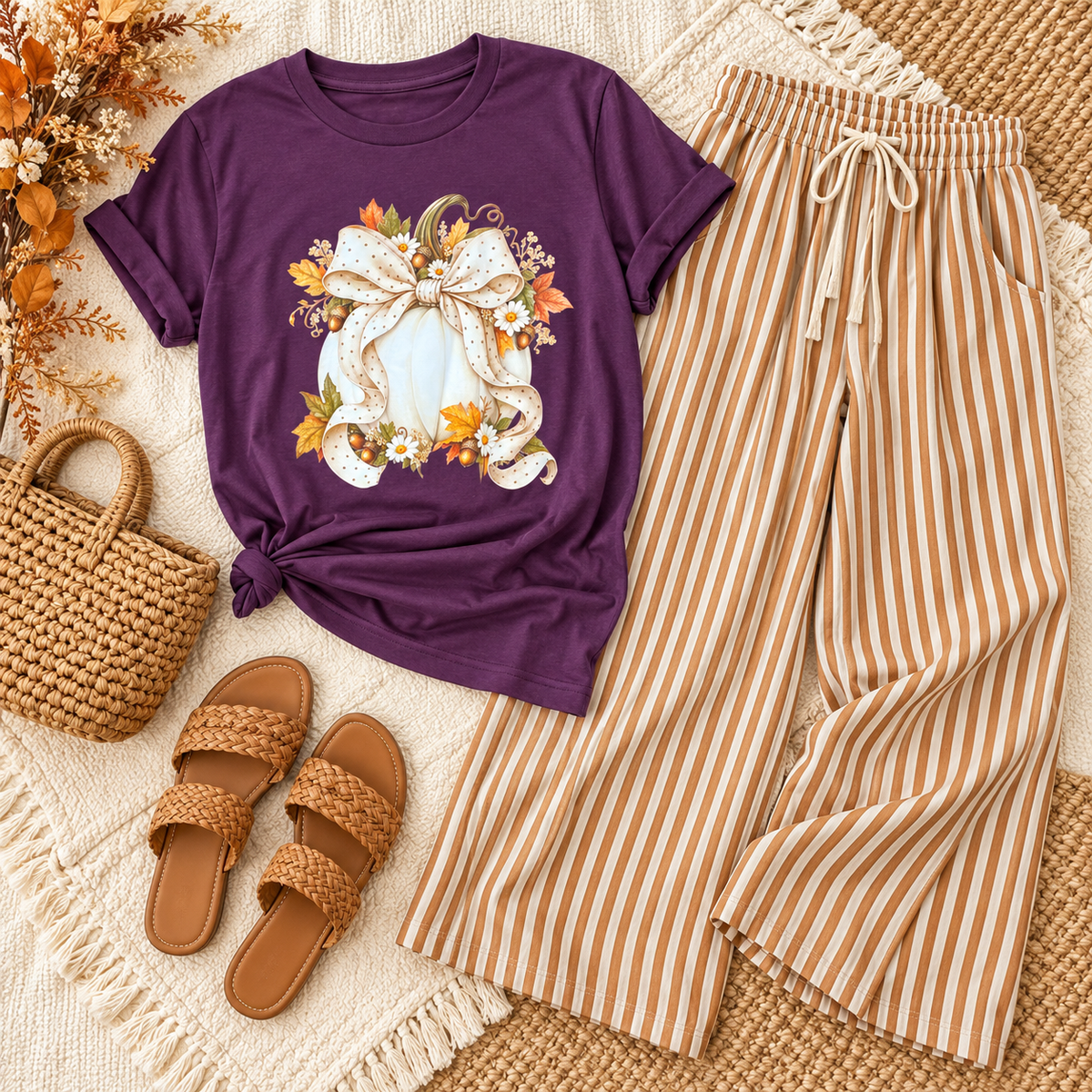 Tea-Shirt Shoppe outfit featuring a purple pumpkin graphic t-shirt and striped wide-leg pants with a drawstring waist.