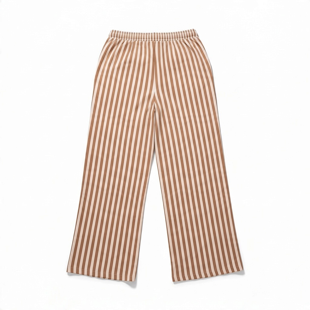 Tea-Shirt Shoppe striped oversized wide leg pants in neutral brown and white with an elastic drawstring waistband.