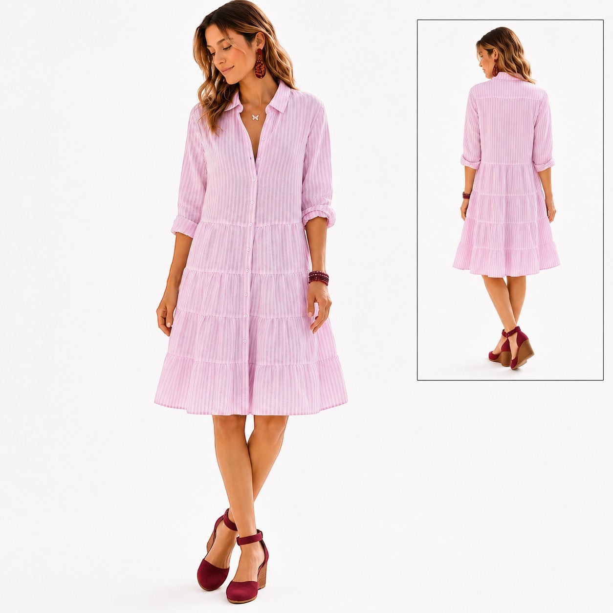 Model wearing a Tea-Shirt Shoppe pink and white striped tiered button-down shirt dress with three-quarter sleeves.