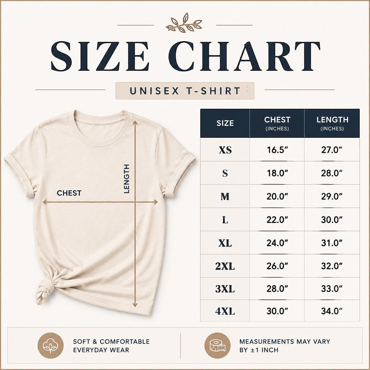 Tea-Shirt Shoppe unisex t-shirt size chart with measurements for sizes XS to 4XL on a light beige background