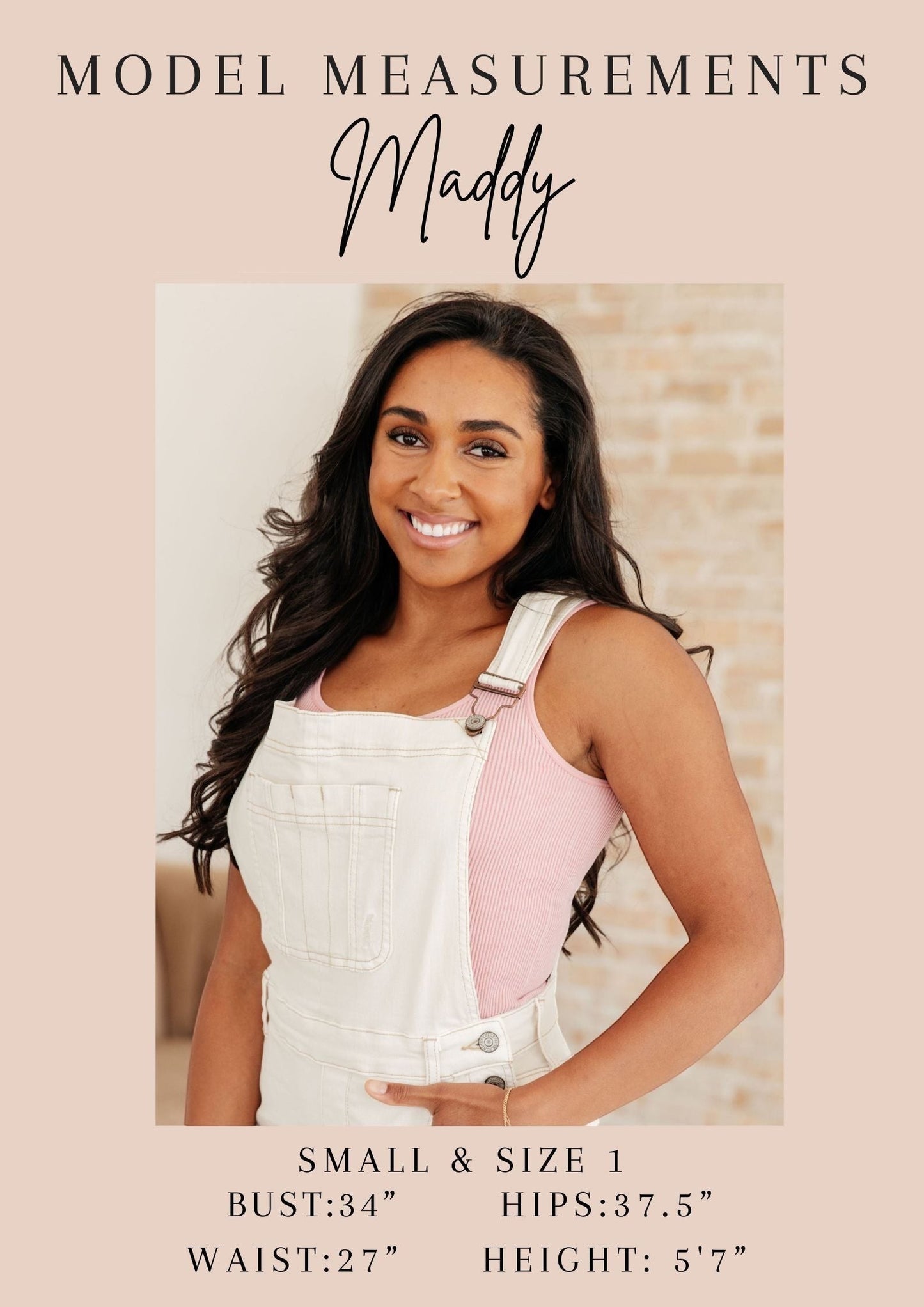 Tea-Shirt Shoppe model Maddy wearing white denim overalls over a pink ribbed tank top for size reference