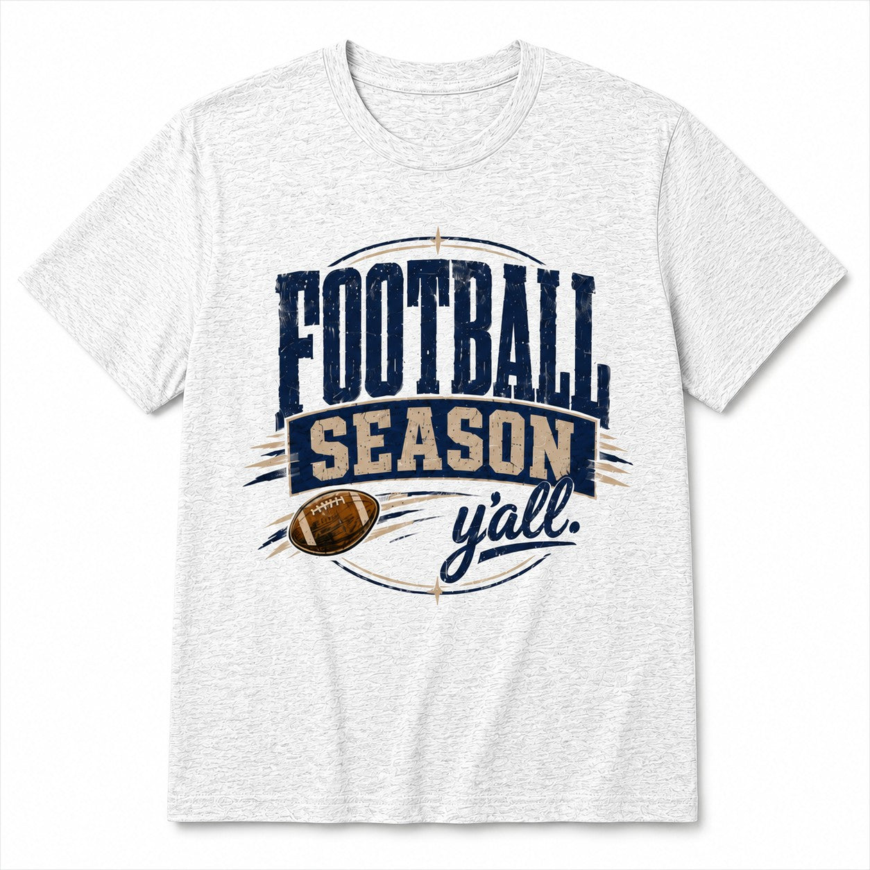 Tea Shirt Shoppe Wholesale ash grey Gildan graphic tee featuring a navy and brown Football Season Y'all print.