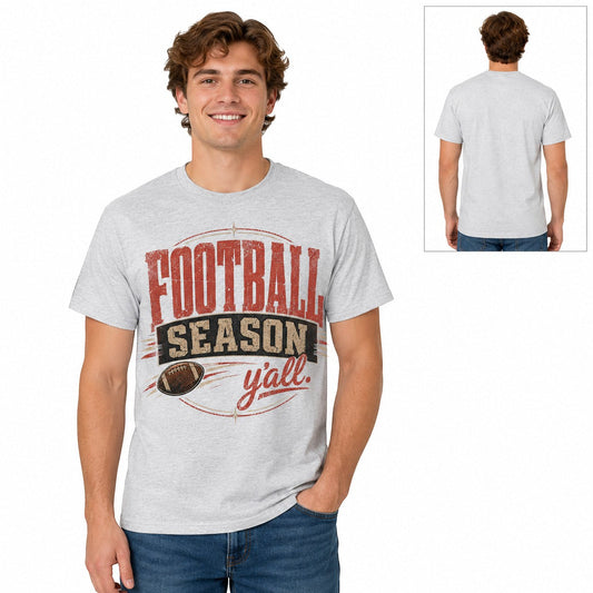 Tea Shirt Shoppe Wholesale ash grey graphic t-shirt with Football Season Y'all print worn by a male model