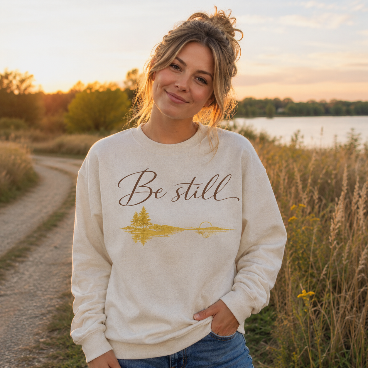 Woman wearing a cream Tea Shirt Shoppe Wholesale crewneck sweatshirt with a Be Still lakeside graphic in a field.