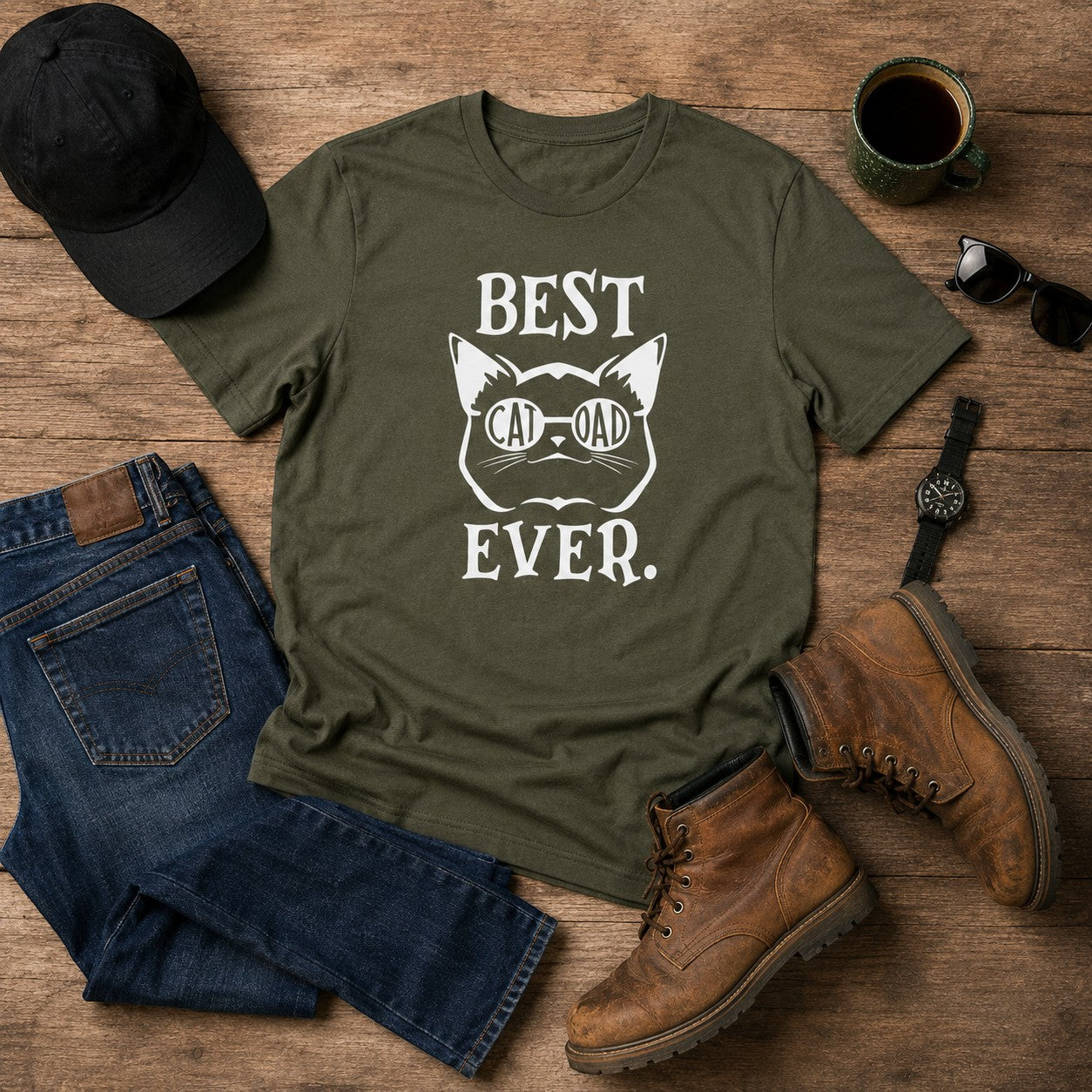 Tea Shirt Shoppe Wholesale olive green graphic tee with "Best Cat Dad Ever" text and cat graphic.