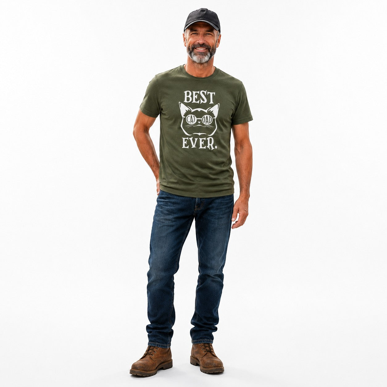 Tea Shirt Shoppe Wholesale olive green graphic tee with "Best Cat Dad Ever" text and cat graphic.