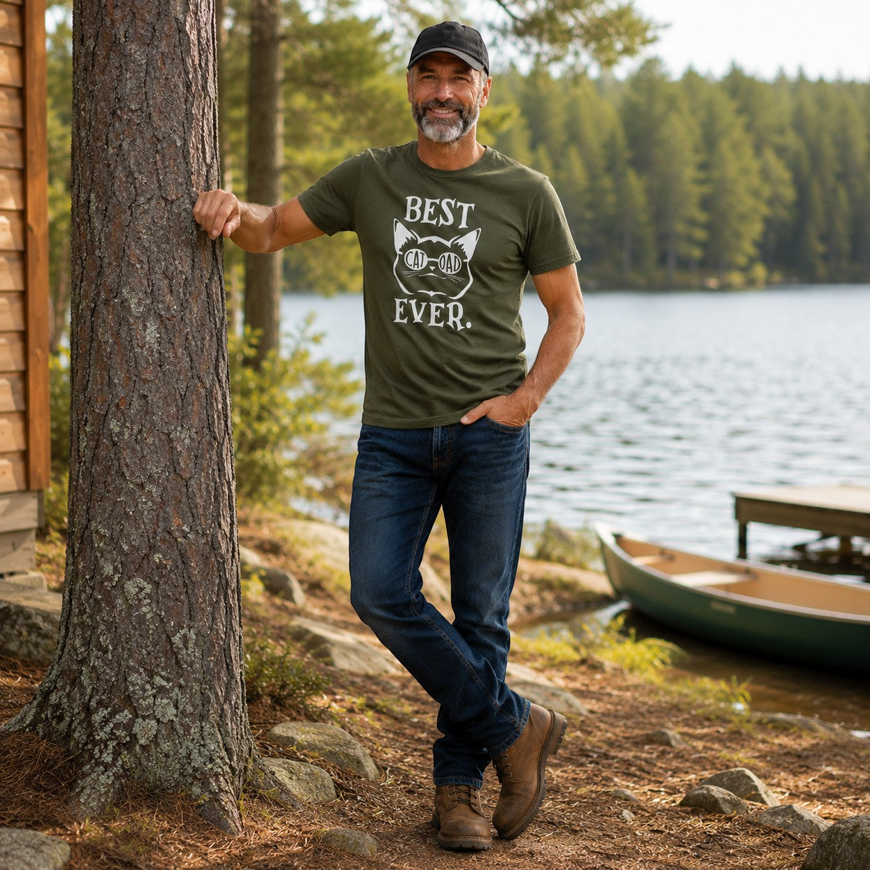 Tea Shirt Shoppe Wholesale olive green graphic tee with "Best Cat Dad Ever" text and cat graphic.